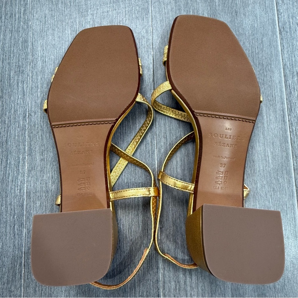 SEZANE PERNILLE SANDALS GOLD 37 6.5 Strappy Block Heel Square Toe Metallic Shoes - Picture 14 of 16
